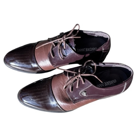 YangXieJiang Patent Leather Two Tone Brown Men's Derby Shoes Size 40 EU / 7.5 US - Picture 5 of 11